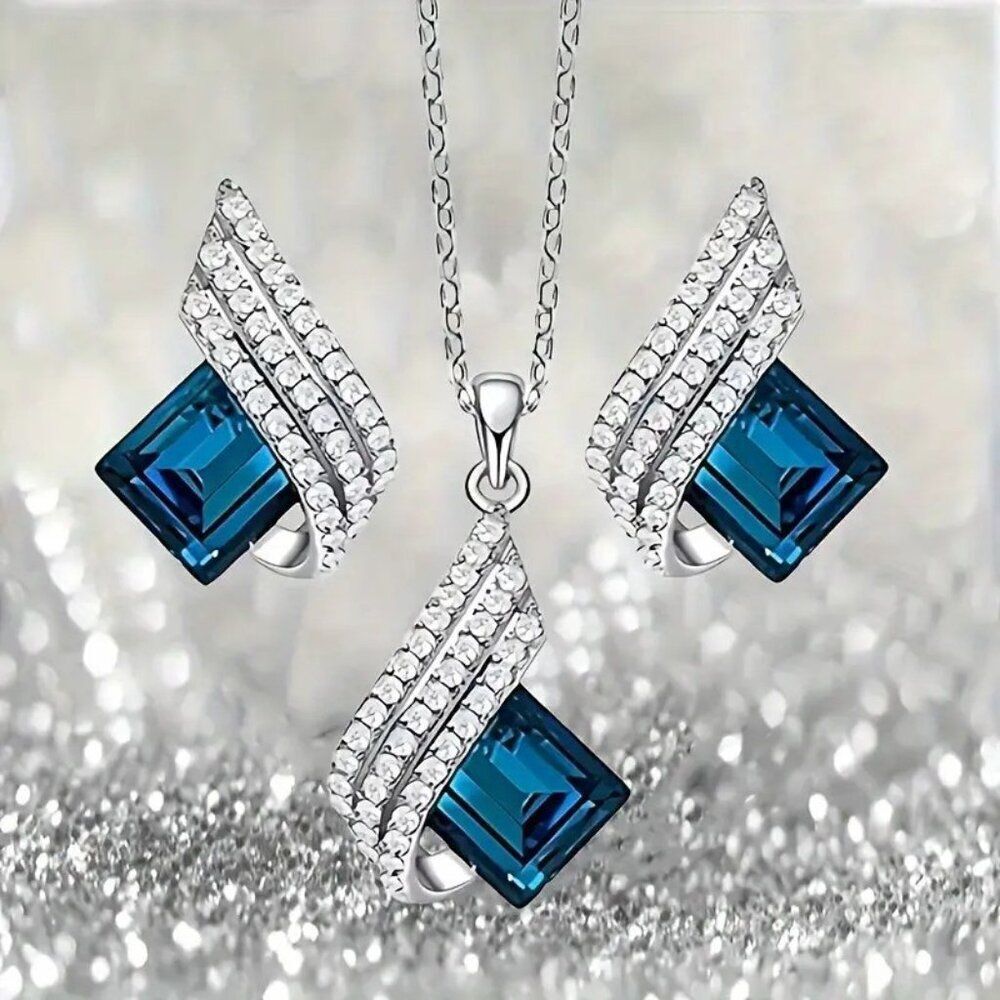 3pcs Shiny Angel Wings Blue Pendant Necklace and Earrings Set